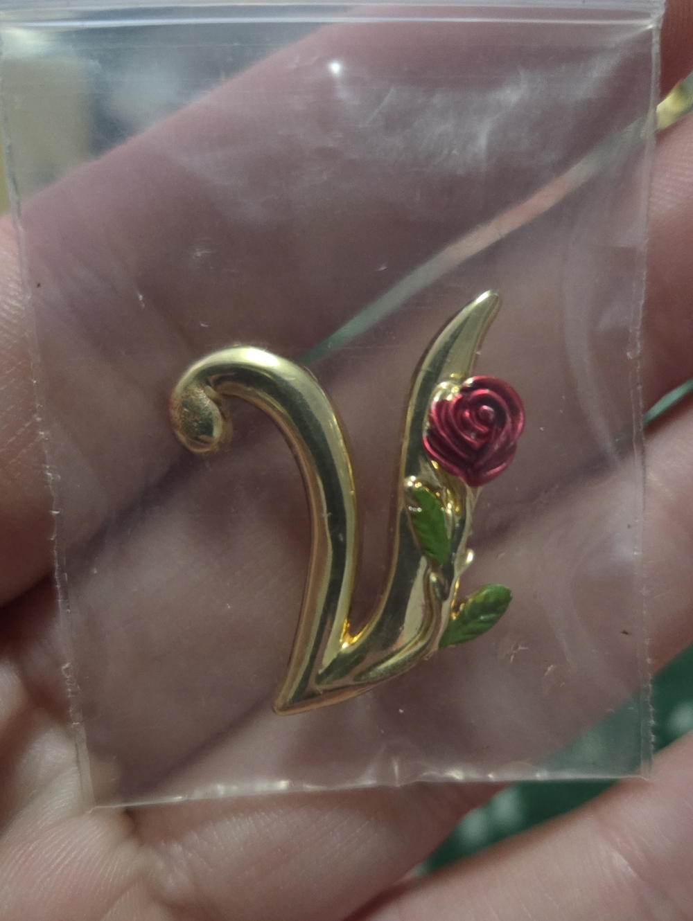 Gold Letter V Brooch with Red Rose Accent
